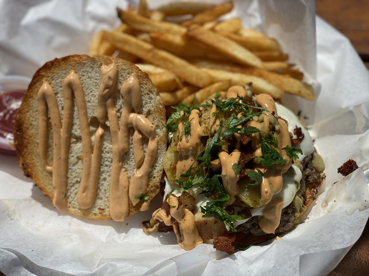 Al pastor burger with pineapple, bacon and chipotle aioli
