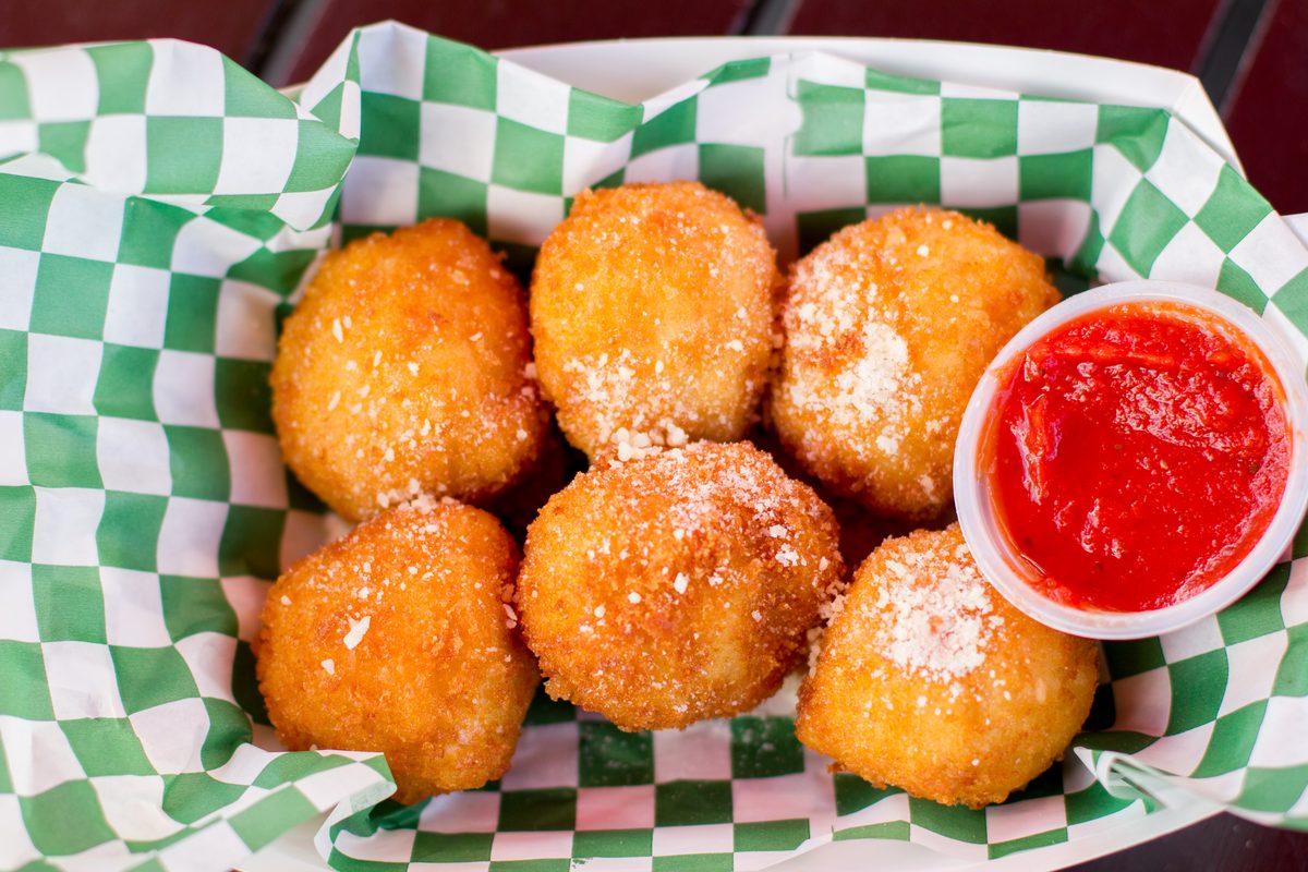 Basket of crispy mac and cheese balls